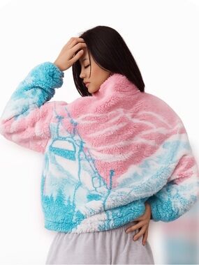Beach Riot Leona Slopes Sherpa 1/4 Zip Pullover Pink Blue Ski Print Small EUC!